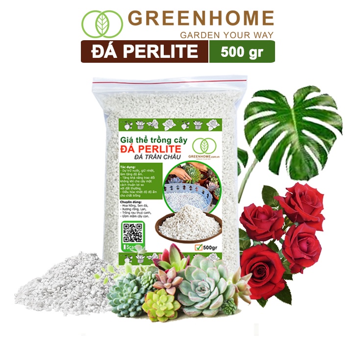 Đá perlite Greenhome, bao 500gr, trồng hồng, sen đá, thuỷ canh giàu khoáng chất, tăng độ tơi xốp, chống úng