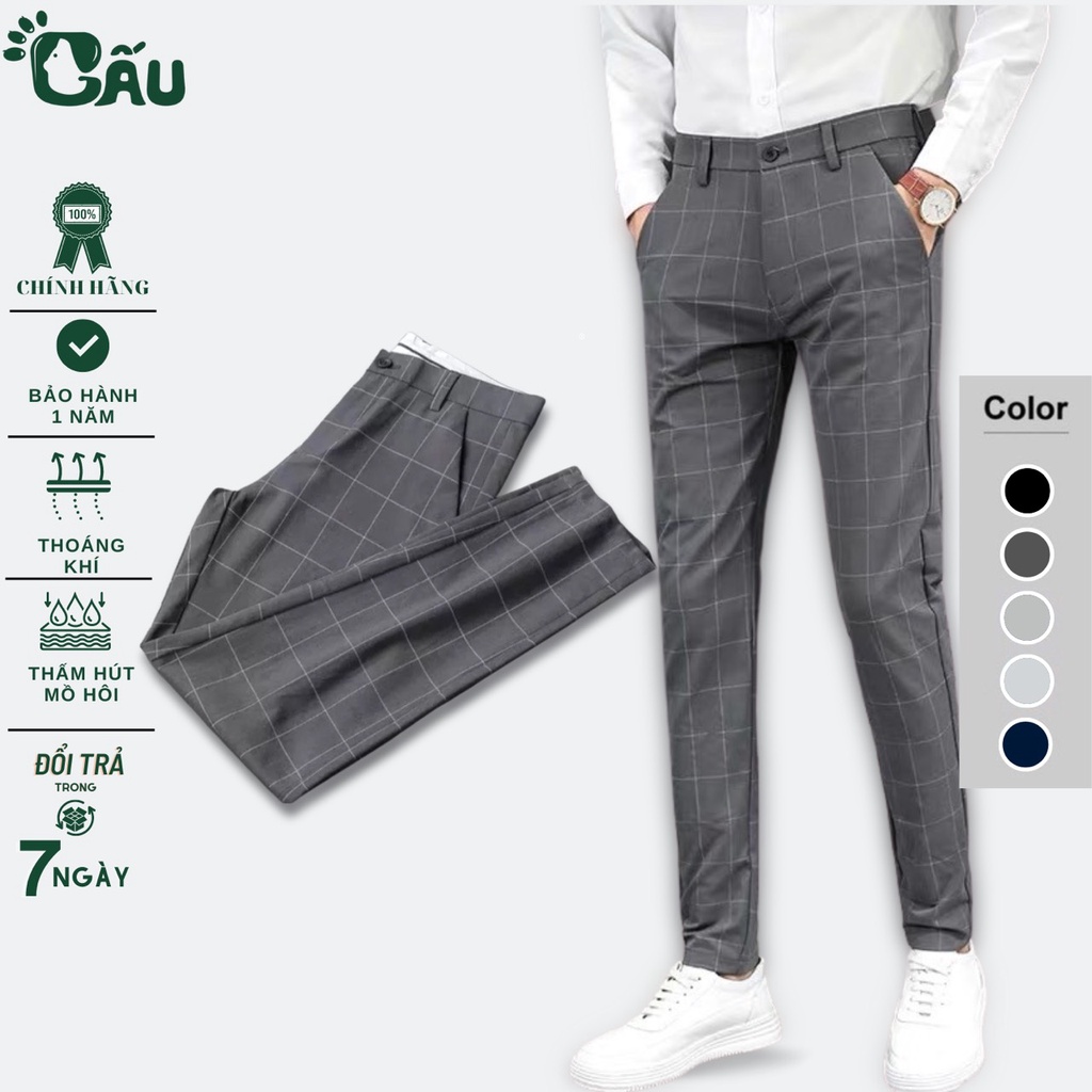 Quần tây âu Nam Gấu 194 sọc caro vải coton co dãn, mềm mịn – form regular sang chảnh – Sọc Caro