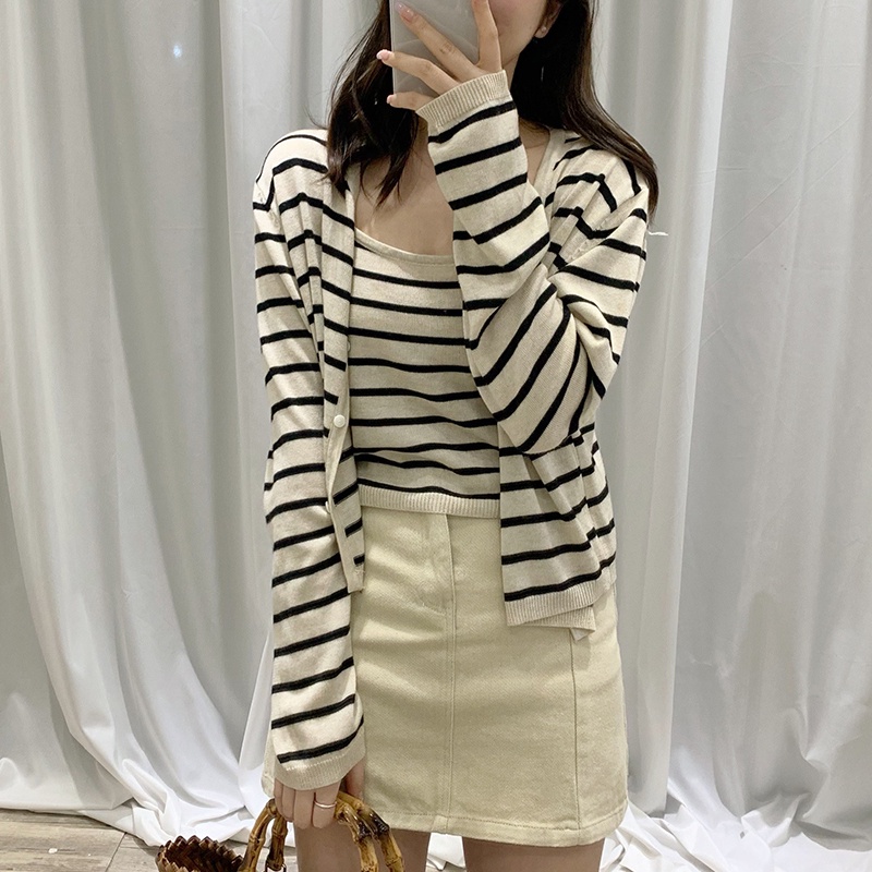 SUXI Áo len dệt kim sọc mỏng vừa vặn Áo hai mảnh phù hợp cho nữ