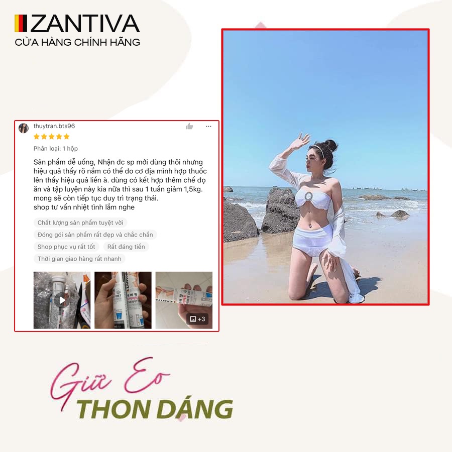 Viên sủi giảm cân Zantiva - Everfit Diet, Eo thon dáng đẹp giảm mỡ bụng, lọ 20 viên xuất xứ từ Đức