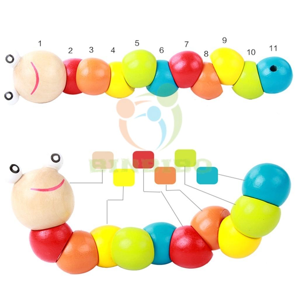 Đồ chơi con sâu gỗ uốn dẻo nhiều màu sắc đáng yêu cho bé - Binbibo