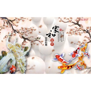 Tranh hồ cá chép huyền ảo vải lụa kim tuyến dán tường khổ lớn 3D