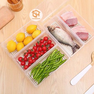 Hộp Nhựa Đựng Thực Phẩm 6586 Trong Suốt Có Nắp Hình Chữ Nhật Có Khay Ráo Đựng Rau Củ Quả Tủ Lạnh Cam Homeware