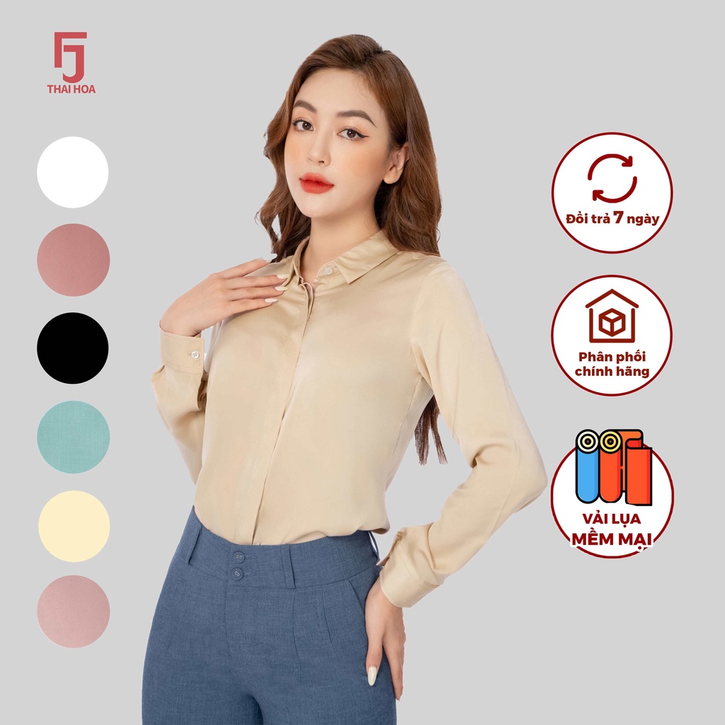 Áo sơ mi R09 dài tay nữ vải lụa trơn form suông các màu thời trang công sở Thái Hòa