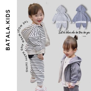 Bộ nỉ bông kẻ kéo khoá bé trai bé gái Batala kids, set nỉ hoodie kẻ trẻ em siêu ấm phong cách Hàn Quốc cho bé từ 10-23kg