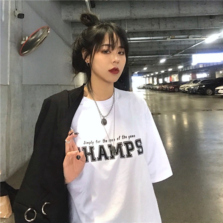 Áo Thun Tay Lỡ Nữ HappyFamily Form Rộng CHAMPS Chất Cotton 100 Cao Cấp-2 Màu Trắng/Đen