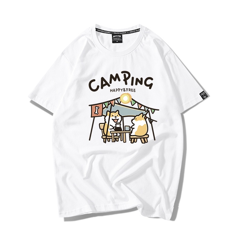 Áo Thun Tay Lỡ Nữ HappyFamily Form Rộng In Hình Cún Shiba Camping Chất vải cotton 100 cao cấp