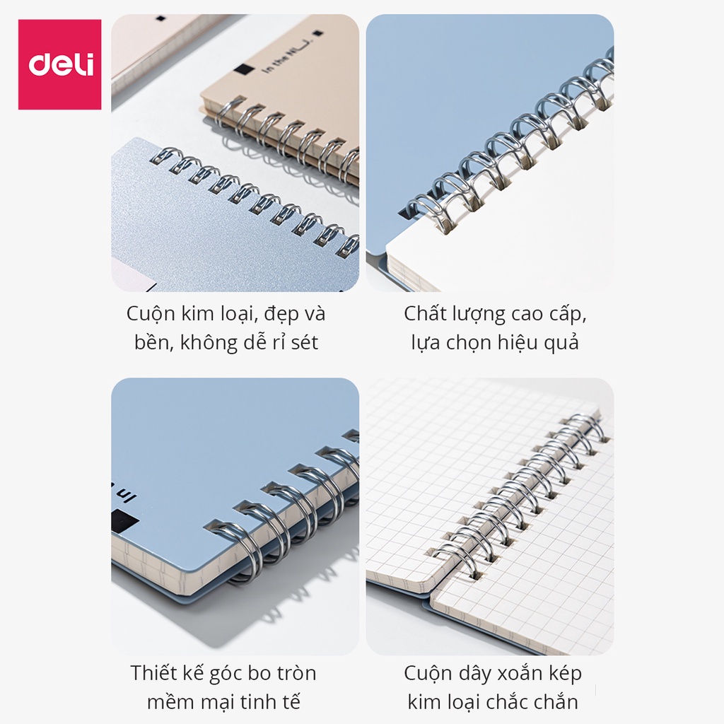 Sổ lò xo gáy xoắn màu pastel A6 120 trang kẻ vuông caro Deli - Phù hợp làm planner, tập vở học sinh