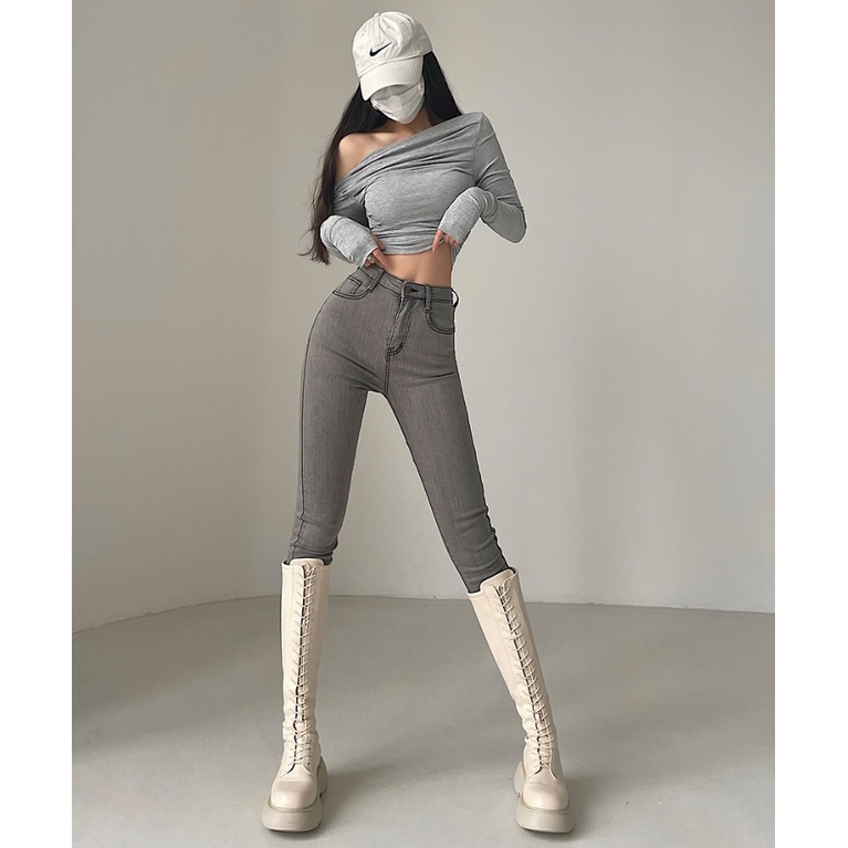 Nhìn Tall Slimmer Look Long Foot!Quần Jean Dài Lưng Cao Dáng Ôm Co Giãn Tốt Kiểu Âu Mỹ Cá Tính