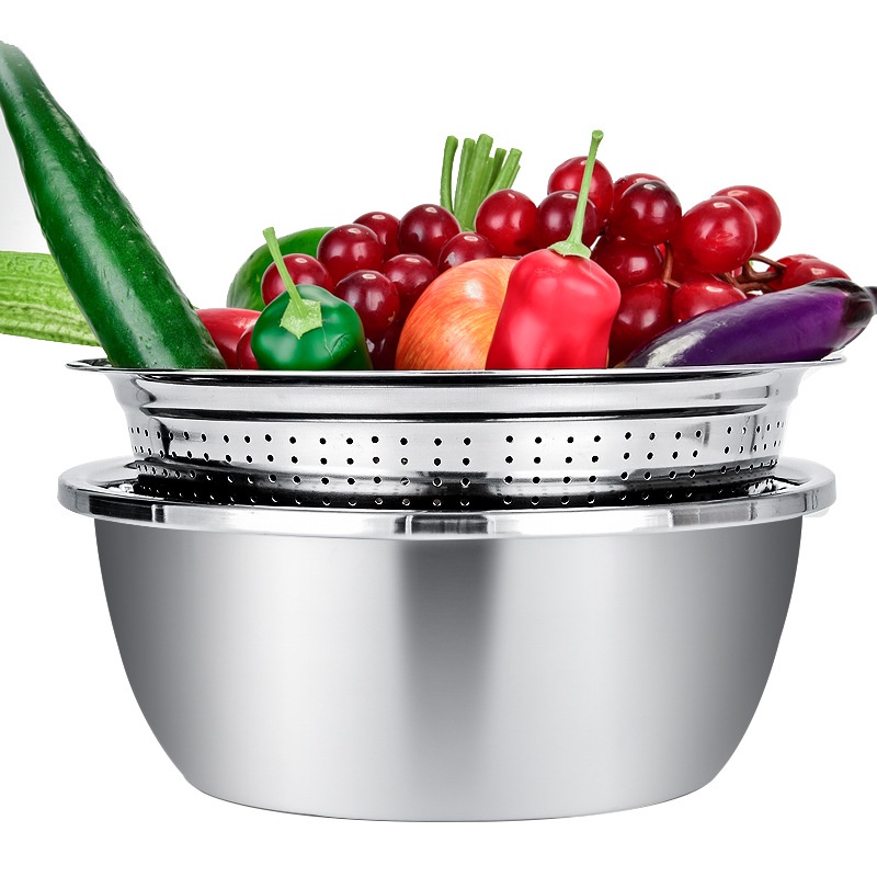 Bộ Thau Rổ Inox 304 Sâu lòng, Dày Size 28cm, Bộ Thau Inox Sâu Lòng + Rổ ...