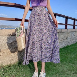 Chân Váy Chữ A Lưng Cao Co Giãn Họa Tiết Hoa Tím Phong Cách Preppy Mới Cho Nữ