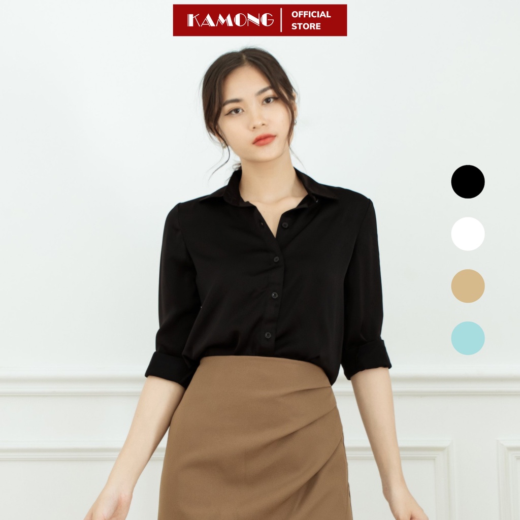 Ảnh Áo sơ mi nữ công sở tay dài KAMONG cao cấp dáng suông trơn basic A147 1