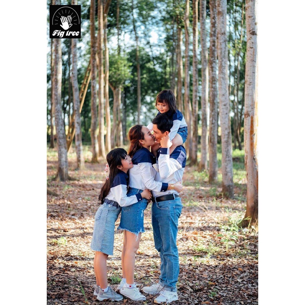 Set Áo Sơ Mi Gia Đình Fig Tree Màu Trắng phối Xanh siêu xịn - mịn (Kèm feedback)