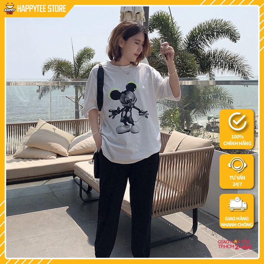 Áo Thun Nữ HappyFamily - Áo Mickey Nữ Form Rộng Mickey Mouse Chất Cotton 100 Cao Cấp 2 Màu Trắng Đen