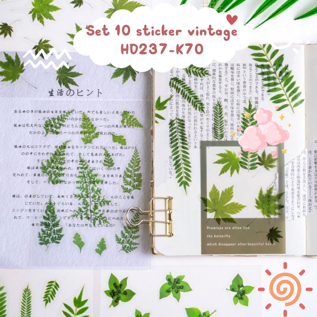 Sticker vintage dán sổ dán mũ bảo hiểm điện thoại laptop thủ công DIY Scrapbook, Journal set 10 nhãn dán HD237-K70