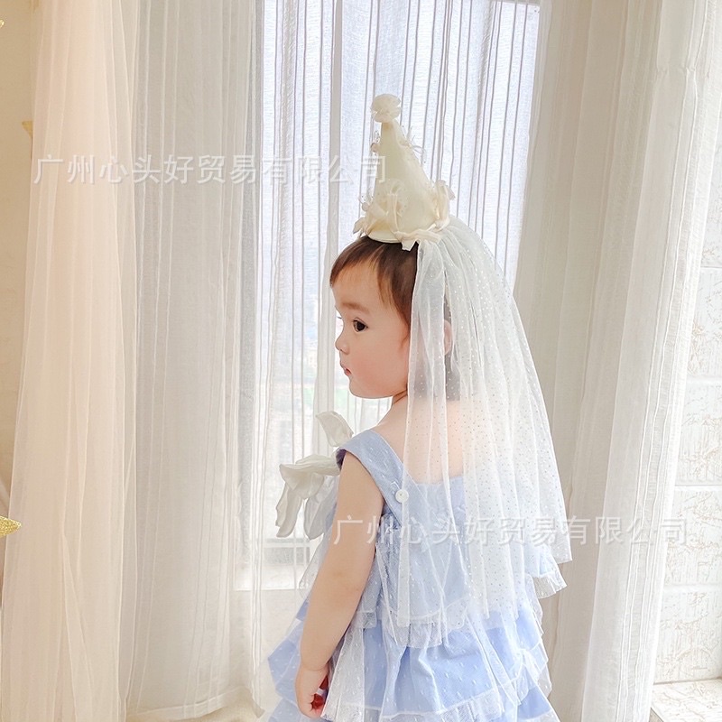 [MD209] Phụ kiện sinh nhật, mũ vải chóp vải voan hoa lấp lánh cho bé