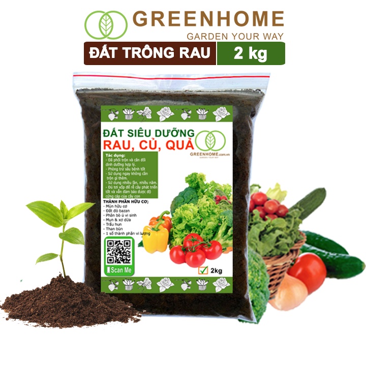 Đất trồng rau organic Greenhome, bao 2kg, hữu cơ, đầy đủ dinh dưỡng không cần bổ sung thêm phân bón