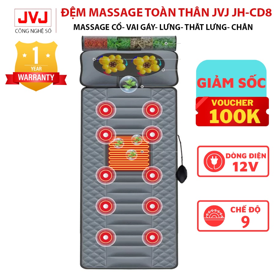 Đệm massage toàn thân thảo dược JVJ JH-CD8 đa năng hỗ trợ giảm đau mỏi lưng, vai, gáy- Bảo Hành 12 tháng