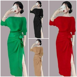 Đầm dự tiệc trung niên phom ôm body cổ thuyền nơ cao cấp