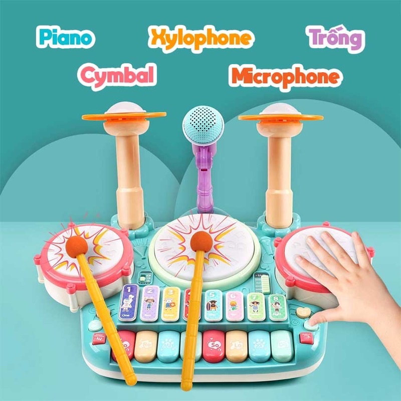 Bộ Đồ Chơi Nhạc Cụ Trống Kết Hợp Phím Đàn Piano Kèm Mic Đồ Chơi Âm Nhạc Vui Nhộn - PUPU HOUSE