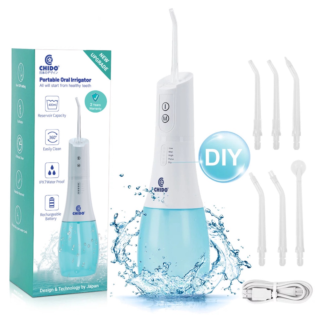 Máy Tăm Nước CHIDO Cầm Tay, 5 Đầu Phun Không dây Kèm Củ Sạc Túi Vải Đựng Đầu Xịt Và Máy Cao Cấp