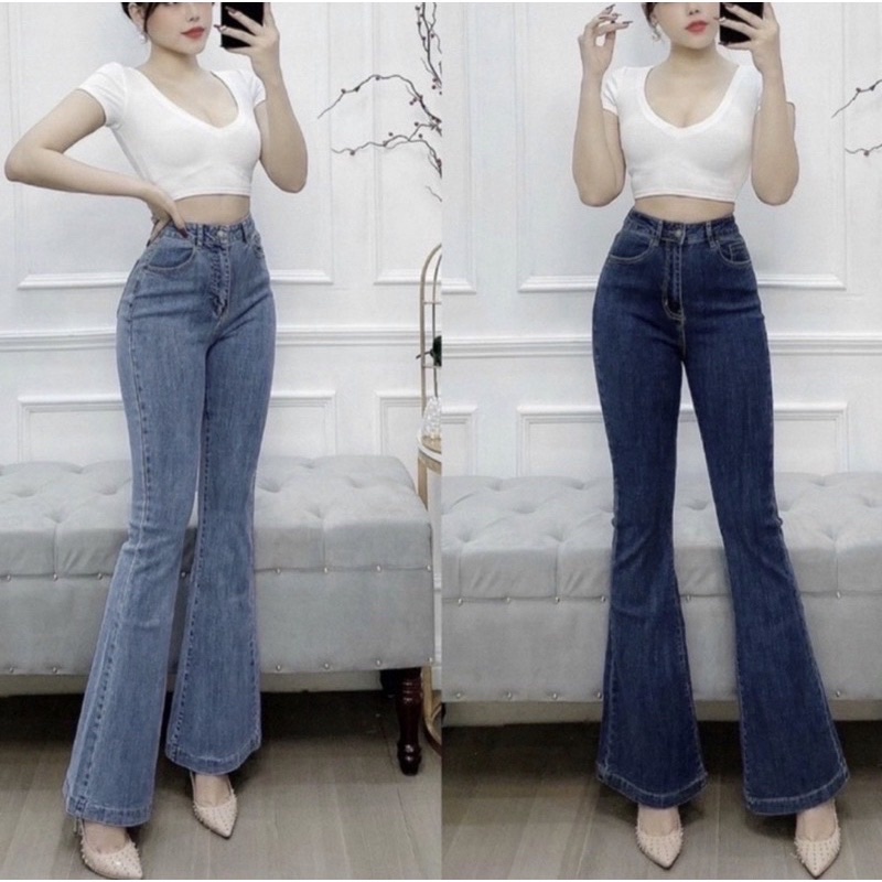 Quần jean ống loe. Quần bò cạp cao ống loe co giãn 4 chiều mặc tôn dáng