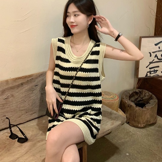 Đầm Cổ Polo Dáng Rộng Họa Tiết Kẻ Sọc Thời Trang Mùa Hè Hàng Mới