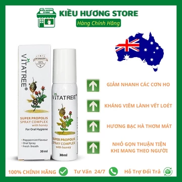 Chai Xịt Giảm Đau Họng Keo Ong Vitatree Super Propolis Spray Complex With Honey Của Úc Chính Hãng, 30ml