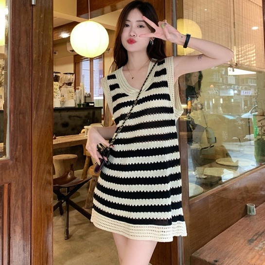 Đầm Cổ Polo Dáng Rộng Họa Tiết Kẻ Sọc Thời Trang Mùa Hè Hàng Mới