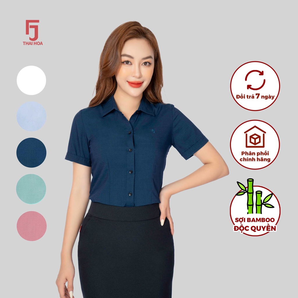 Áo sơ mi R11 nữ ngắn tay chất liệu sợi tre vải xước Thái Hòa công nghệ cổ Đức