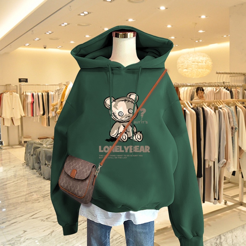 Áo Hoodie Nữ HappyFamily Xanh Rêu Thịnh Hành Năm Nay Lonely Bear Xinh Xắn Chất Nỉ Da Cá 100 Cao Cấp