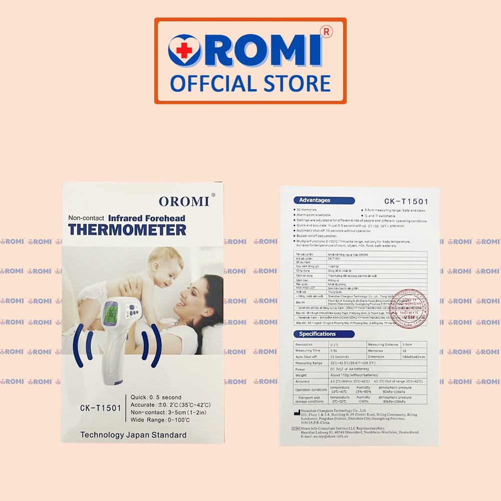 Nhiệt kế điện tử hồng ngoại OROMI CK-T1501 - Máy đo thân nhiệt - Hàng chính hãng