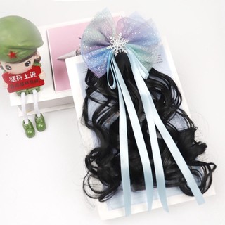 Kẹp Tóc Giả Xoăn Sóng Dài Gắn Nơ Xanh Xinh Xắn Dành Cho Bé Gái HaminStore