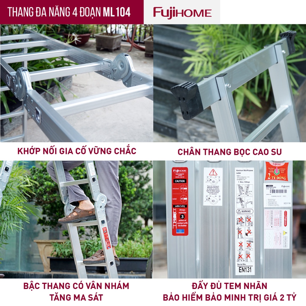 Thang nhôm gấp 4 đoạn 3.4M - 4.5M- 4.7M đa năng FUJIHOME nhập khẩu chính hãng