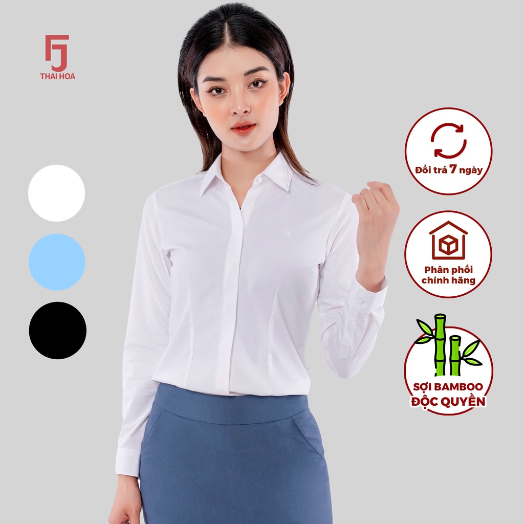 Áo sơ mi ASW0101-R07 dài tay nữ chất liệu sợi tre vải kẻ xéo phay cao cấp nhiều màu Thái Hòa