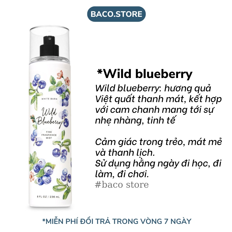 body mist, Xịt thơm Toàn thân Wild Blueberry 236ml Hương Viêt Quất nhẹ nhàng, thanh lịch