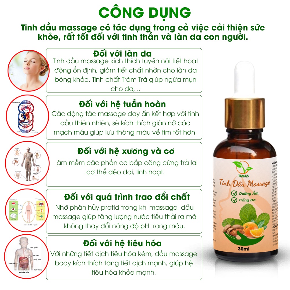 Ảnh Tinh dầu Massage dưỡng ẩm trắng da TAMAS, thành phần từ tinh dầu thiên nhiên, giúp dưỡng trắng da, cải thiện sức khoẻ 2