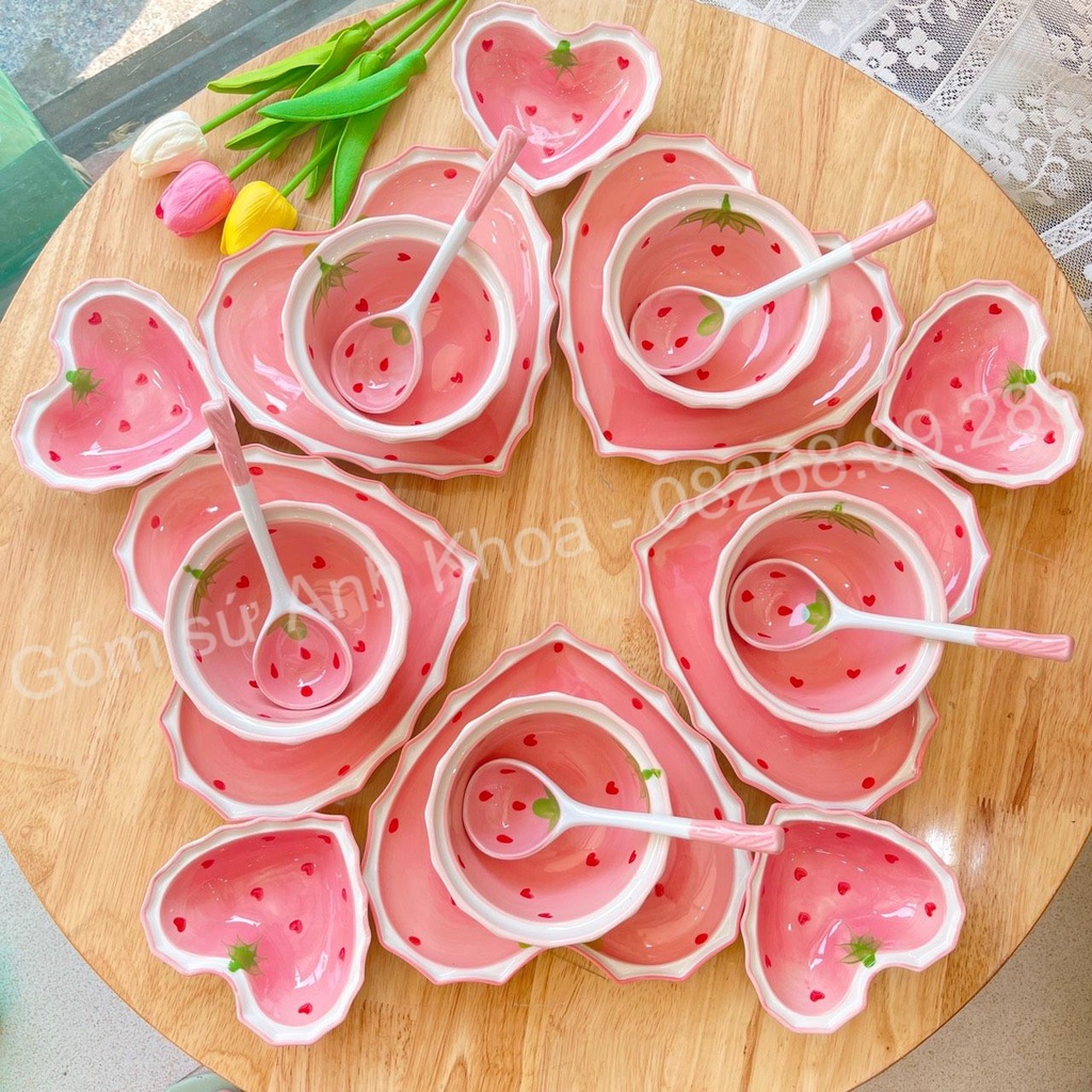 Set Chén dĩa sứ Bát ăn cơm Đĩa sứ Dễ thương Decor Bộ dâu hồng trang trí ...