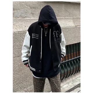 Áo Bomber Nam Nữ Chất Kaki Phối Tay Da Kem-D9, Hình Thêu Nổi, From Rộng Thời Trang Unisex, Phong Cách Hàn Quốc