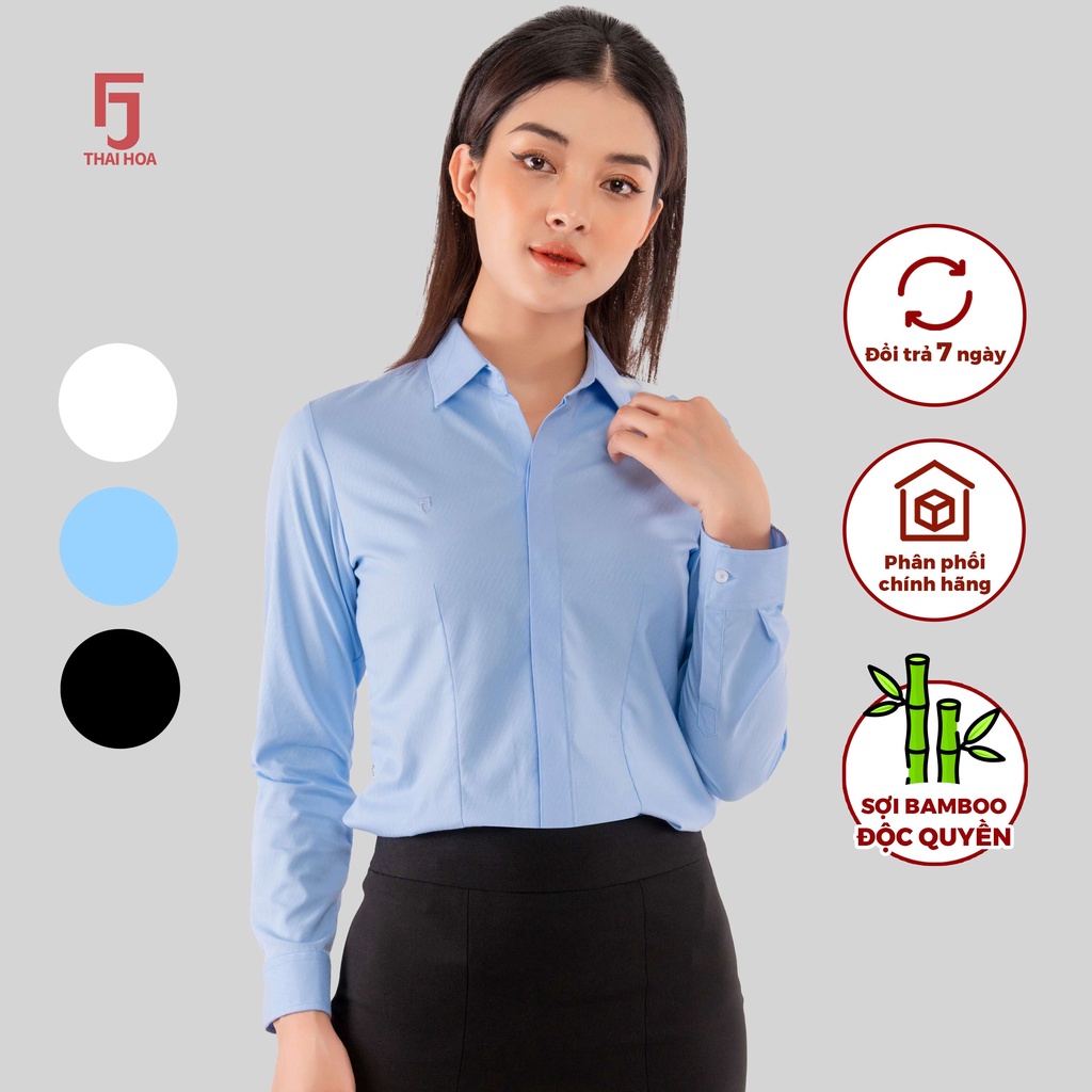 Áo sơ mi ASW0101-R07 dài tay nữ chất liệu sợi tre vải kẻ xéo phay cao cấp nhiều màu Thái Hòa
