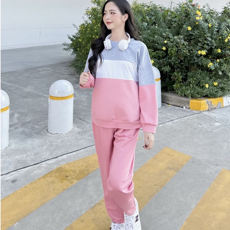 Bộ đồ bầu MEDYLA mặc nhà Hoodie nỉ da cá cổ tròn phối 3 màu dày dặn cho bầu dạo phố – DBH017