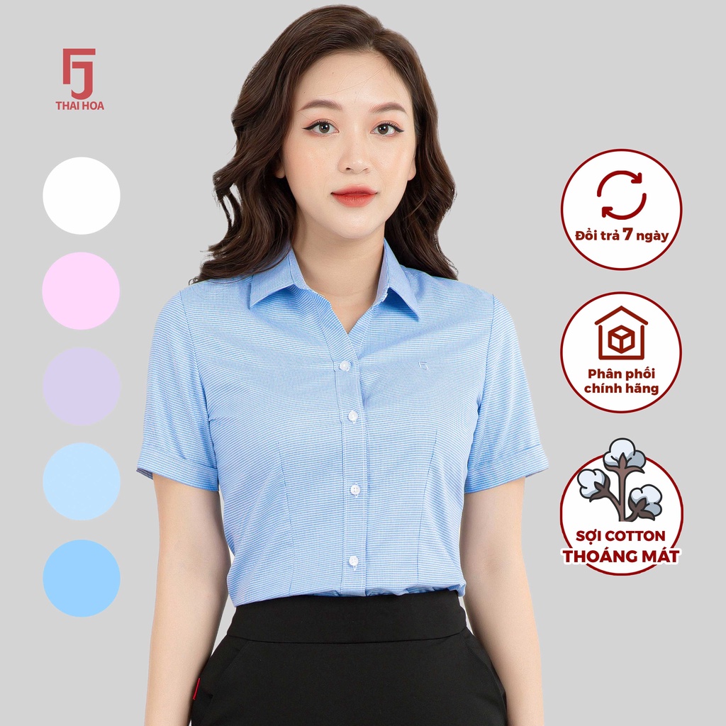 Áo sơ mi R05 ngắn tay nữ vải cotton kẻ nhuyễn form ôm các màu Thái Hòa