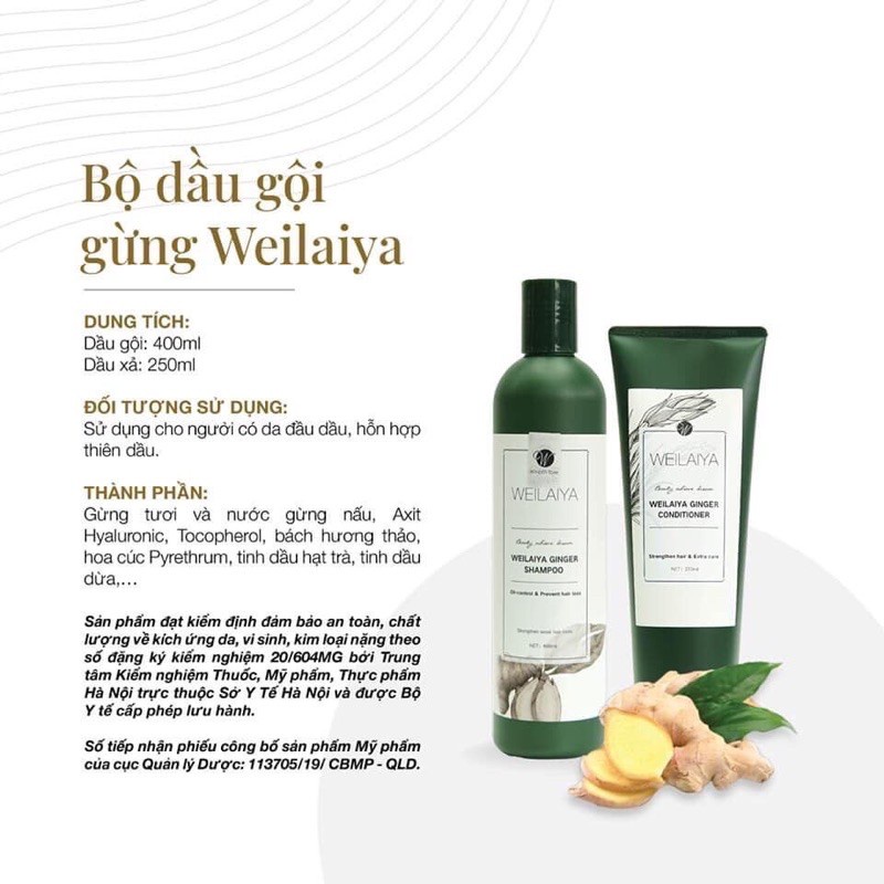 Dầu Gội,   Xả Gừng Trắng WEILAIYA GINGER Chống Rụng Kích Mọc Tóc 400ml + 250ml Tặng Set Mini 20ml