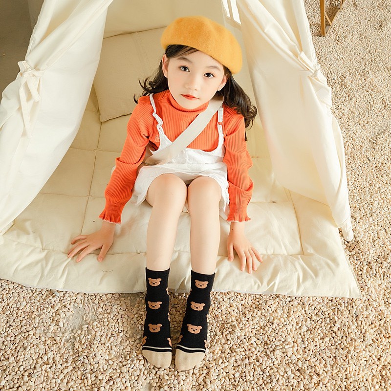 Combo 5 Đôi Cotton Cho Trẻ Em Bé Trai Bé Gái Cổ Cao Phối Hình Gấu Nâu Dễ Thương cho bé từ 1 - 12 Tuổi
