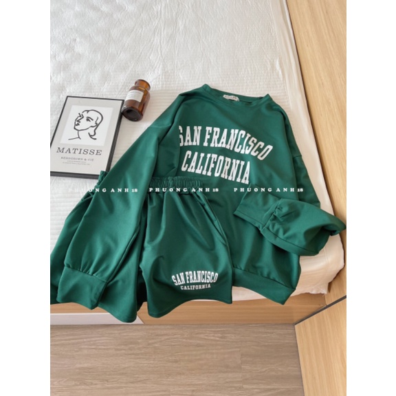 Set nỉ mỏng, set áo sweatshirt kèm quần in chữ 5d