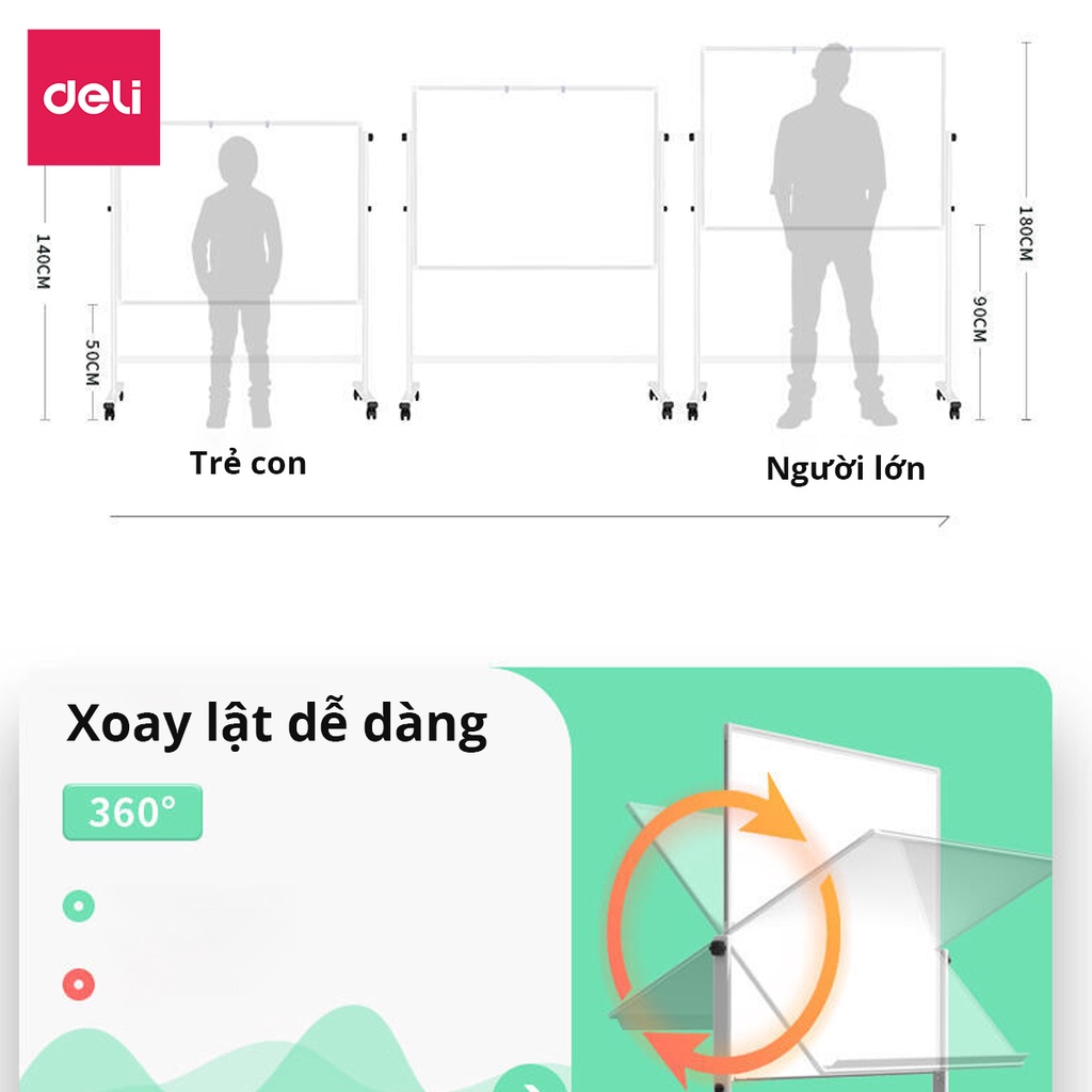 [TẶNG KÈM FULL PHỤ KIỆN] Bảng Từ Trắng FlipChart Hai Mặt Deli Viết Bút Lông Bảng Xoay 360 Độ Chân Di Động Kèm Dụng Cụ