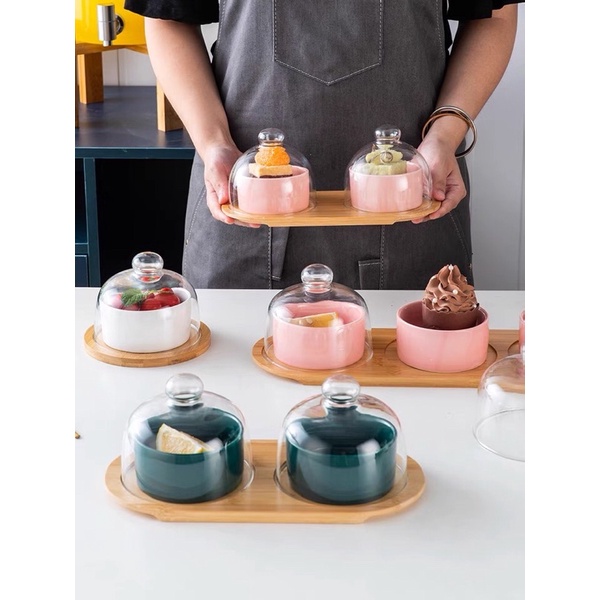 Bộ hũ đựng hoa quả sứ kèm khay tre decor trang trí đẹp