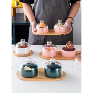 Bộ hũ đựng hoa quả sứ kèm khay tre decor trang trí đẹp
