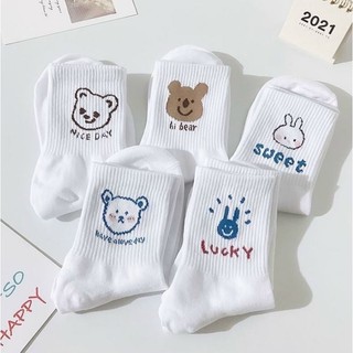 Set 5 đôi tất vớ màu trắng cổ cao mix họa tiết gấu thỏ lucky xinh xắn, vải cotton dày dặn