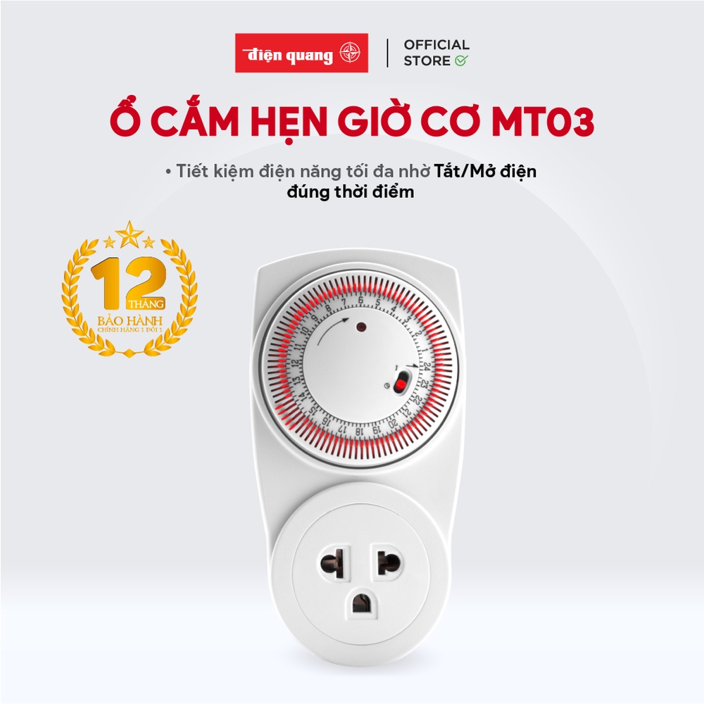 Ổ cắm hẹn giờ Điện Quang ĐQ ESK MT03 WR 13 (Điều chỉnh cơ, 1 lỗ - 3 chấu, trắng – đỏ)